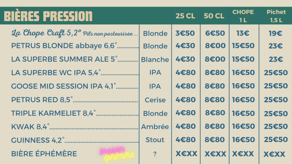 Carte des bière La chope